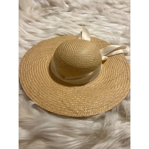 Vintage Colonial Williamsburg Straw Sun Hat Wide Brim Ivory Ribbon Cottagecore main image 8